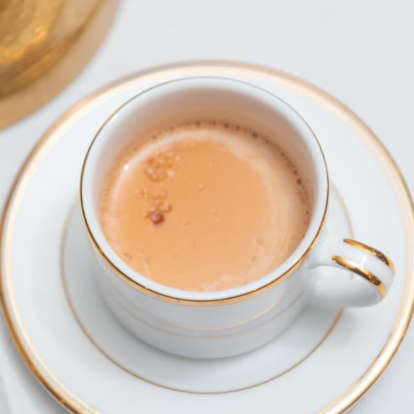 Close-up of a white and gold teacup filled with Indian chai on a matching saucer.